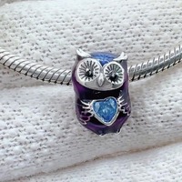 Owl with Blue Cubic Zirconia Heart Charm, Sterling Silver Charm For Bracelet