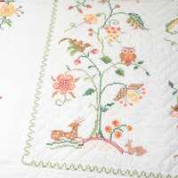 Vintage Cross Stitched Quilt, Embrodered, Deer, Owl, Wildlife and Flowers, 80 by 88