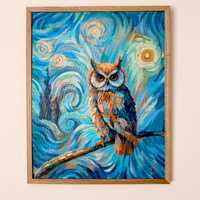 Original Owl Canvas Painting, Hand Painted Ready to Hang Artwork, Starry Night Owl Painting, Wall Ar