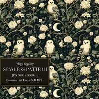 Celestial Owl And Floral Repeating Pattern Dark Cottagecore Seamless Digital Wallpaper Mystical Nigh
