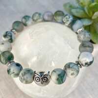 Tree Agate 8mm Bracelet with Owl Charm | Authentic Gemstone Jewelry | Grounding, Wisdom, and Emotion