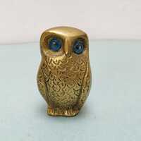 Vintage Solid Brass Owl with blue glass eyes heavy antique figurine Wisdom Bronze sculpture
