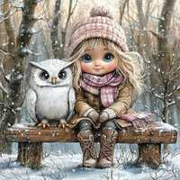 Winter Clipart: Girl and Owl Snowy Scene (Digital Art Pack)