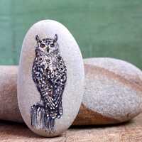 Eagle Owl Painting on Pebble: Signed Collectible Bird Art