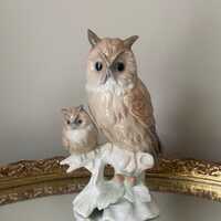 Vintage Otagiri Owl Figurine: Porcelain Owl and Owlet on Branch, Made in Japan