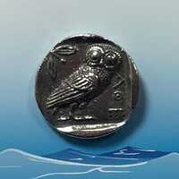 Greek Owl Coin Silver Pewter Pin Badge (W)