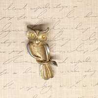 Vintage Gold Tone Owl Brooch Pin with Orange Rhinestone Eyes