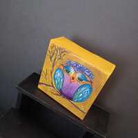 Owl, acrylic, painting, desk art, table top art, acrylic, blue, purple, yellow , handpainted