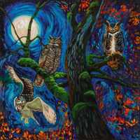Midnight Hangout Fine Art Paper Print, Giclee, Owls, Wildlife, Canadian Artist