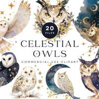 Celestial Owl Clipart Bundle, Mystic Moon Owl PNG, Starry Night Owl Illustrations, Golden Stars Wate