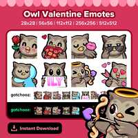 Owl Valentine Twitch Emotes for Streaming | Emotes for Youtube, Discord, Tiktok, Kick, Rumble | Prem