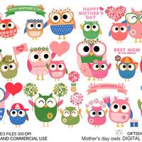Mother's day owl Digital clip art for Personal and Commercial use - INSTANT DOWNLOAD