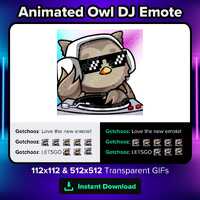 Animated Owl DJ Emote for Twitch, Discord, Kick, Rumble for Streaming