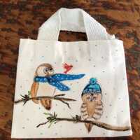 Hand painted Owls on branches with cardinal, & snow 5 inch canvas gift bag