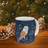 Owl mug, Breakfast coffee mug, Ceramic Mug, Barn owl art print, Coffee cup, Winter illustration, Gif