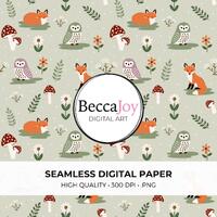 Woodland Fox Owl Mushroom Seamless Art | Seamless Pattern File Digital Paper Surface Art Vinyl Trans