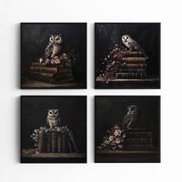 Dark Academia Wall Art Set of Vintage Owl Printable Dark Cottagecore Wall Art for Reading Nook Decor
