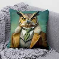 Owl Pillow Cover - Cotton Linen Throw Cushion Case - Unique Owl Portrait Design - Elegant Animal Art