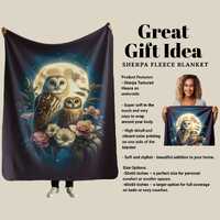Beautiful Moonlit Owls Sherpa Fleece Blanket - Elegant Owls Flowers and Full Moon - Nature Inspired 