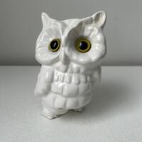 Vintage Canadiana Pottery White Ceramic Owl with Glass Eyes