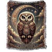 Owl Woven Cotton Blanket Scandinavian  Style Throw Whimsical Wise Owl Tapestry Moon Woodland Bird Bl