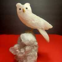 Large Hand Carved Quartz Owl on a Quartz Base