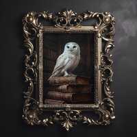 White owl on books vintage print, owl witch bookstore dark academia still life printable, library с