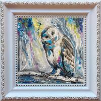 Owl painting original Owl bird painting Textured bird painting 6x6 inch small artwork framed Bird ow