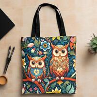 Bohemian Style Owls Art Tote Bag,  Bird Lover Tote, Gift for Nature Lovers, Re-usable Shopping Bag, 