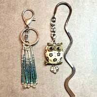 Owl bookmark, squiggle bookmark, ombré seed bead keyring, OOAK, boho bohemian, big little bir
