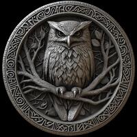 Norse Owl Coin Design: 3D Embossing, Laser Engraving (PNG)