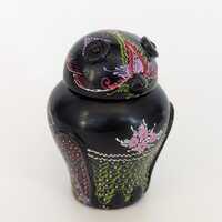 Small Vtg. Burmese Style Lacquerware Owl Trinket Box w/ Handpainted Details- Black Colorful Decorati