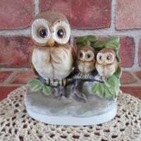 Vintage ceramic owl figurine, owl with chicks,  owl and owlets, home decor