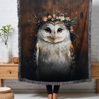 Boho Owl Blanket: Flower Crown, Whimsical Home Decor