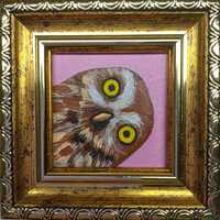 Owl bird painting original Golden small artwork framed Bird owl wall art Best friend gift for friend