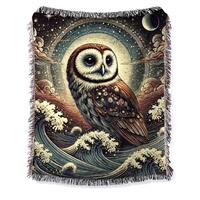 Owl Woven Cotton Blanket Scandinavian Art Throw Whimsical Mystical Wise Owl Tapestry Moon Woodland B