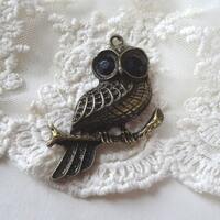 1- Bronze Owl Pendant Fall Large Bronze Charms Large Big Eyed Owl Animal Nocturnal Pendant Owl on a 