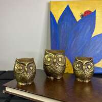 Set of 3 | Family of Brass Owl Figurines | Mid Century Decor | Original Patina | Made in Korea