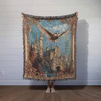 Magical Wizard Castle and Owl Woven Blanket, Cozy Fantasy Throw for Bookish Decor, Reading Nooks, Bo