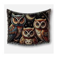 Owls Woven Cotton Blanket Scandinavian Style Throw Whimsical Wise Owl Tapestry Owl Family Moon Blank