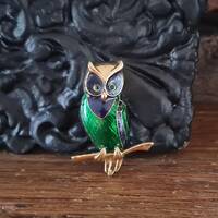 Vintage Owl Enamel Brooch Marked A2718 Sphinx Gold Tone Owl Pin Figural Brooch Blue and Green Enamel