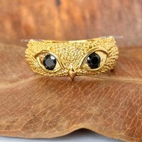 Solid Gold Natural Diamond Owl Ring, 14K Gold Owl Ring for her, Owl Lover Diamond Ring, Natural Blac