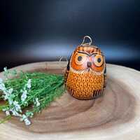 Peruvian Hand Carved Small Oval Gourd Owl Ornament Burned for Color Kitschy Cute Rustic Arts and Cra