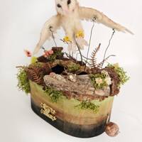 Needle felted barn owl automata, Capturing the Hunt, mechanical automaton, kinetic Sculpture