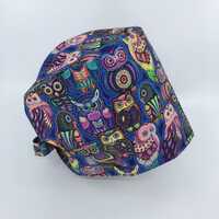 Colorful Abstract Owls-Scrub cap made from 100% preshrunk designer cotton fabric with back ties, adj