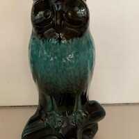 Large Blue Mountain Pottery Owl Statue | Perched Owl Bird | Green Blue Drip Glaze | Mid Century Deco