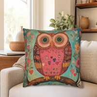 Pink Owl Throw Pillow Folk Art Valentines Day Turquoise, Valentines Day Owl Pillow, Pastel Owl Pillo
