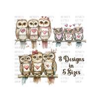 Valentine Owl Clip Art &ndash; Trio with Hearts, Love Letters (PNG Files)