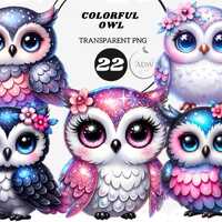 Sparkling Owl Clipart Bundle: Colorful Owl PNGs (Digital Download)