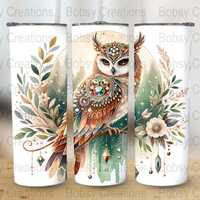 Watercolor Owl Seamless Tumbler Wrap, Boho Floral Owl PNG, 20oz Skinny Tumbler Sublimation Design, I